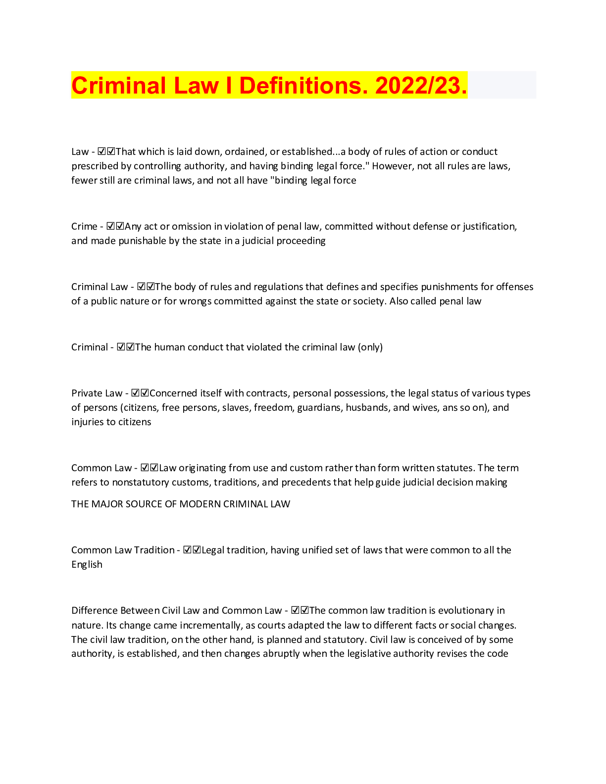 Criminal Law I Definitions. 2022/23